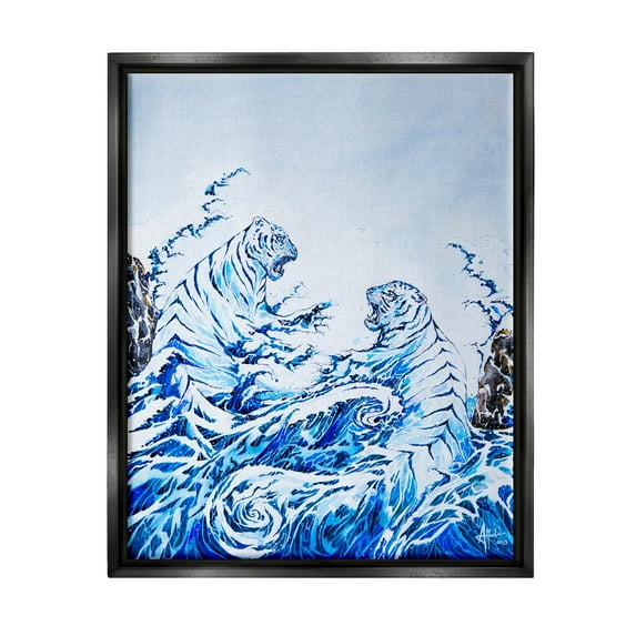 Dueling Tigers Ocean Waves Animals & Insects Painting Jet Black Framed Art Print Wall Art