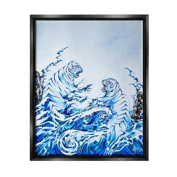 Dueling Tigers Ocean Waves Animals & Insects Painting Jet Black Framed Art Print Wall Art