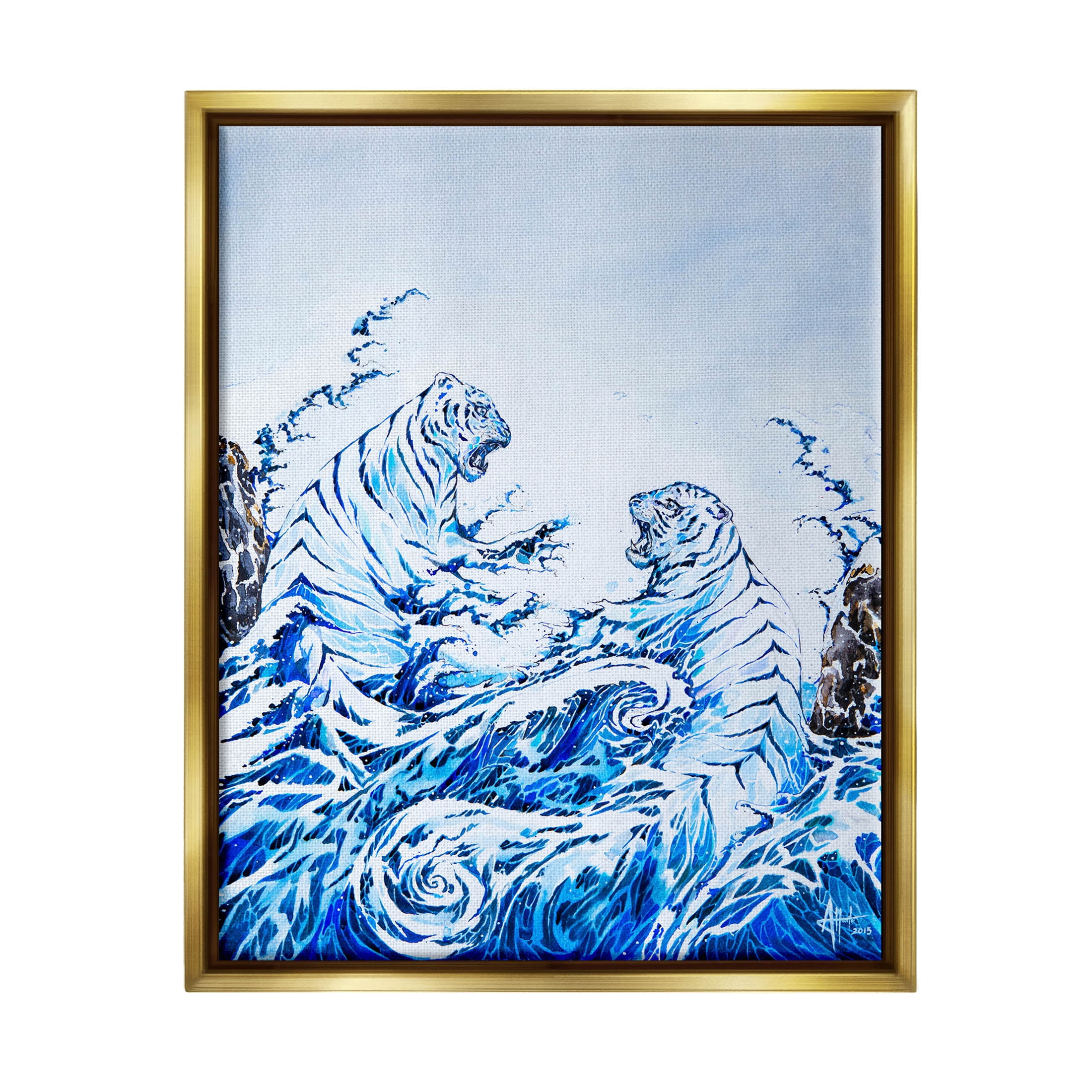 Dueling Tigers Ocean Waves Animals & Insects Painting Metallic Gold Framed Art Print Wall Art
