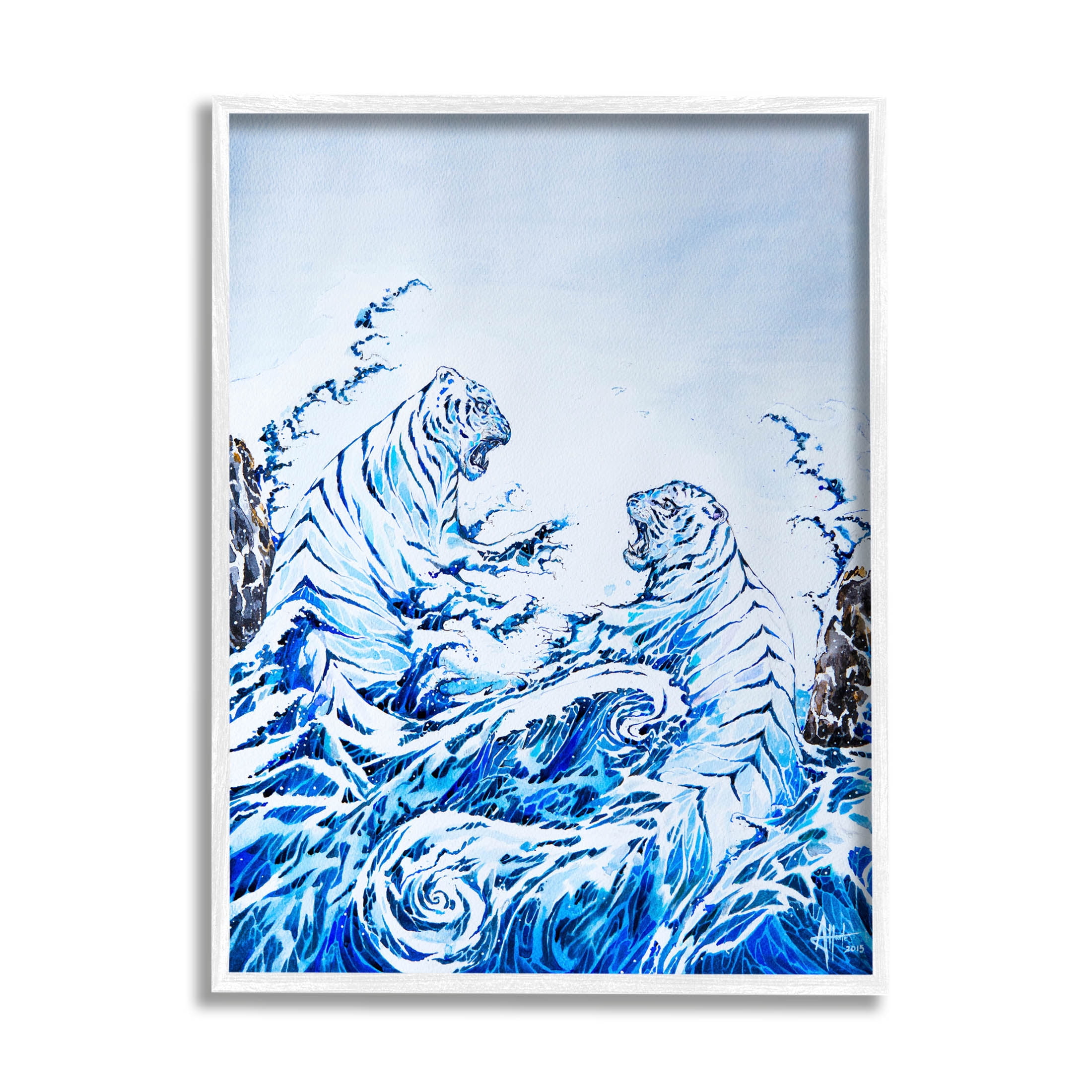 Dueling Tigers Ocean Waves Animals & Insects Painting White Framed Art Print Wall Art