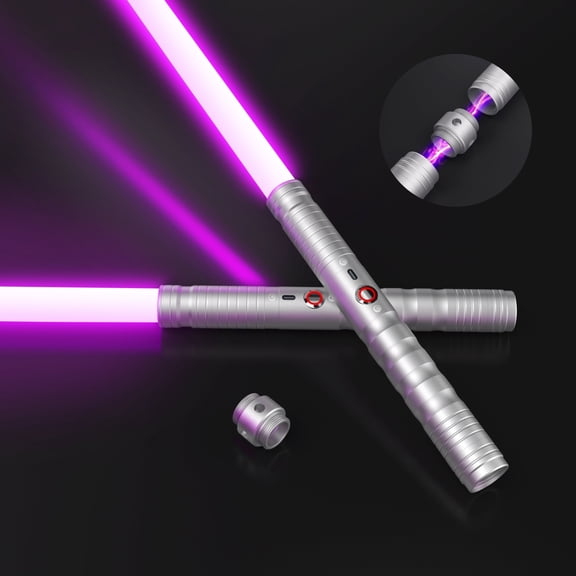 JvmuSaber Dueling Lightup Saber, 2 in 1 Double Bladed Silver Light Sabers for Adults, 12 Colors 3 Sound Modes, Galaxy War Fighters Present