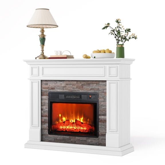 Duerer Electric Fireplace with Mantel, 44" Free Standing Fireplace Heater with Remote Control, Adjustable LED Flame, 1400W, White