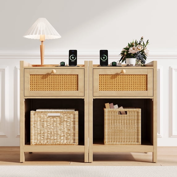 Duerer End Tables Set of 2 with Charging Station, Rattan Nightstand Bedside Table with Drawer for Bedroom, Side Tables for Living Room, Natural Oak
