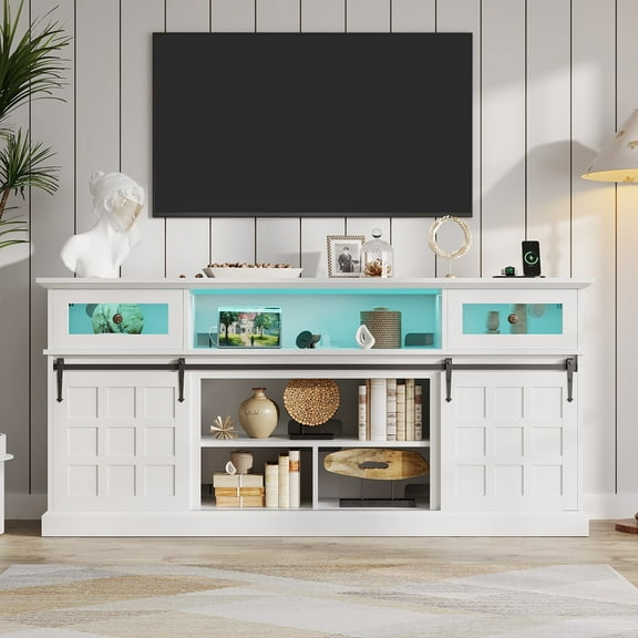 Duerer LED TV Stand, 70 in Modern Entertainment Center for 80 inch TV with Charging Station, Media Console with Sliding Barn Doors, White