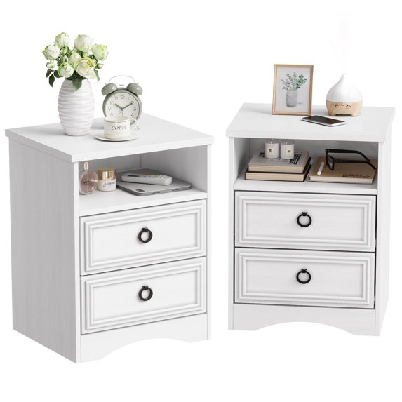 Duerer Nightstand Set of 2, Farmhouse Bedside Tables with 2 Drawers and Open Storage, Sofa Side Table for Bedroom, Living Room, White