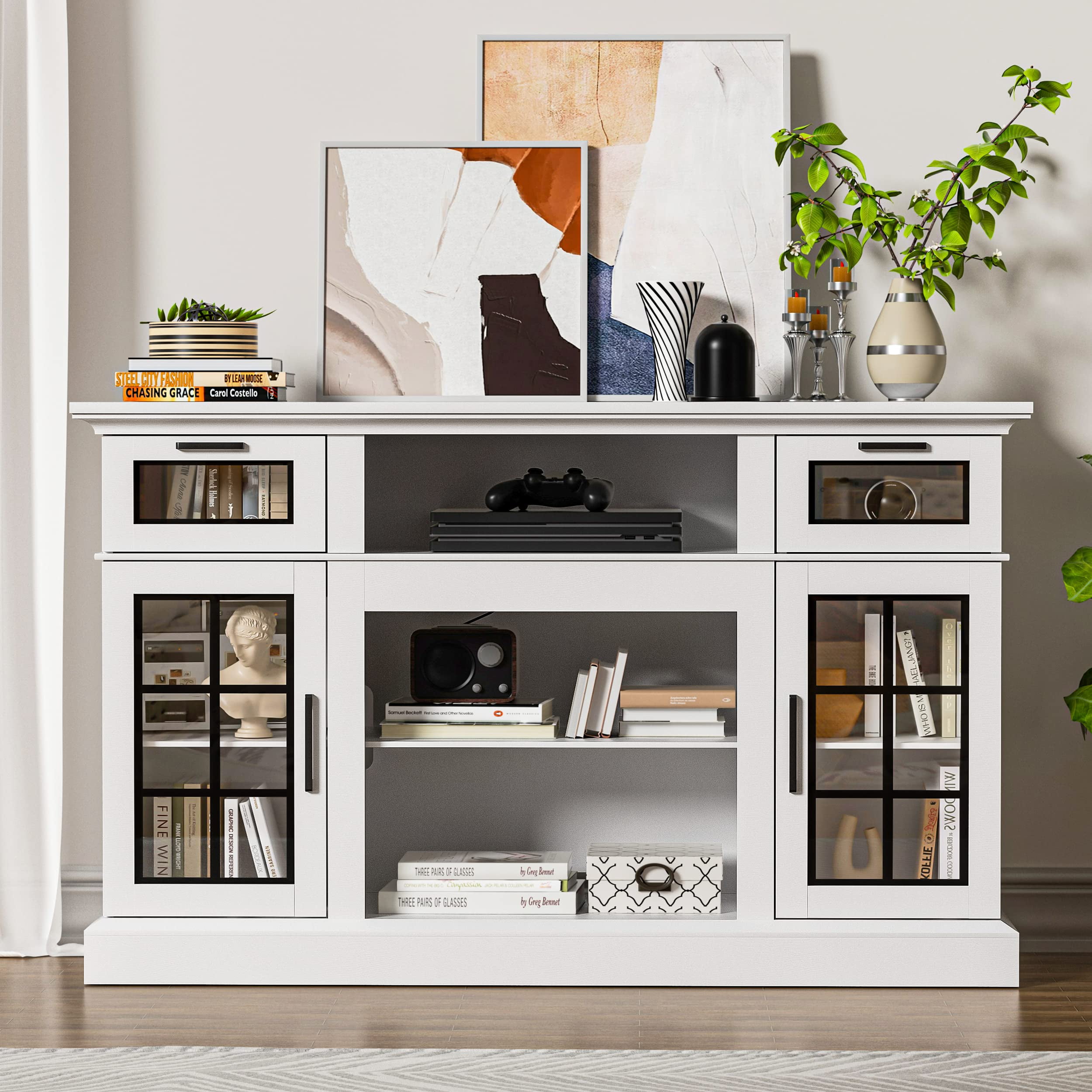 Duerer White TV Stand with Glass Door & Drawer, 58 in Modern