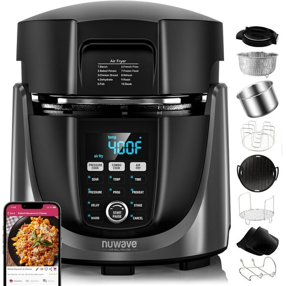 Duet Air Fryer, Electric Pressure Cooker & Grill Combo, 540 IN 1 Multicooker with 3 Removable Lids, Slow Cook, Sauts, Dehydrator, 18/10 SS Pot, Sure-Lock Safety Tech & 13 Deluxe Accessories
