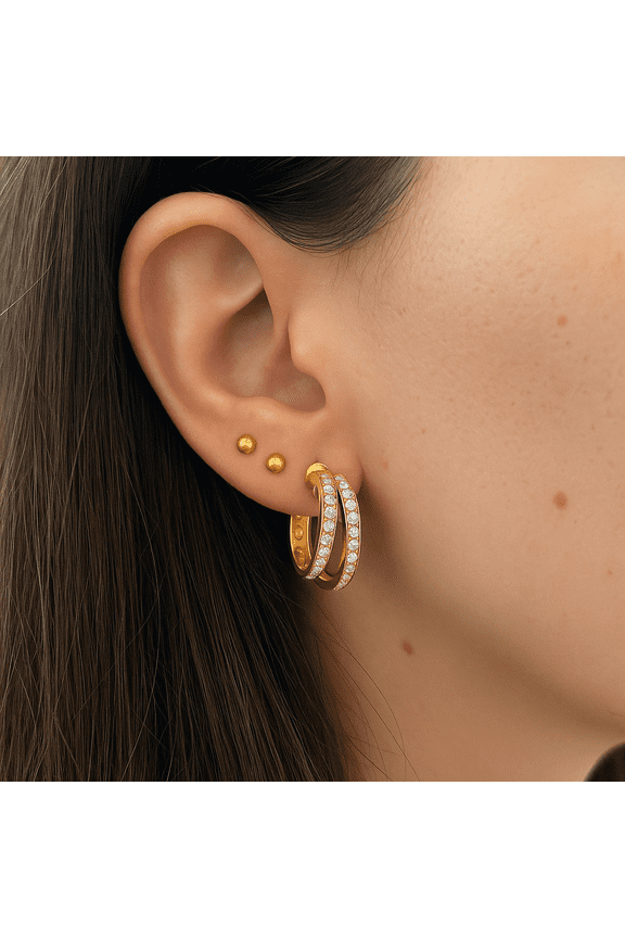 Duet Glam Double Row Earrings for Women, 925 Sterling Silver, 18K Gold Vermeil, White CZ, Lightweight Hoops, 1 Micron Gold, 12.6x13.2mm