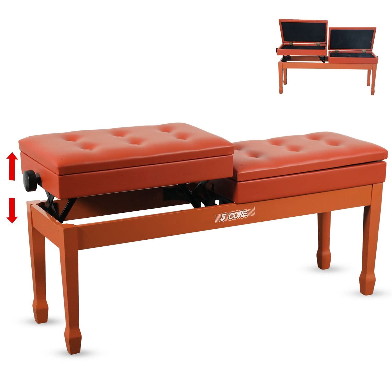 5 CORE Duet Piano Bench with Storage Thick Padded Cushion 3.5 Inch Adjustable Height Solid Wooden Double Keyboard Musician Seat with PU Leather Cushion Cherry Caramel Bro