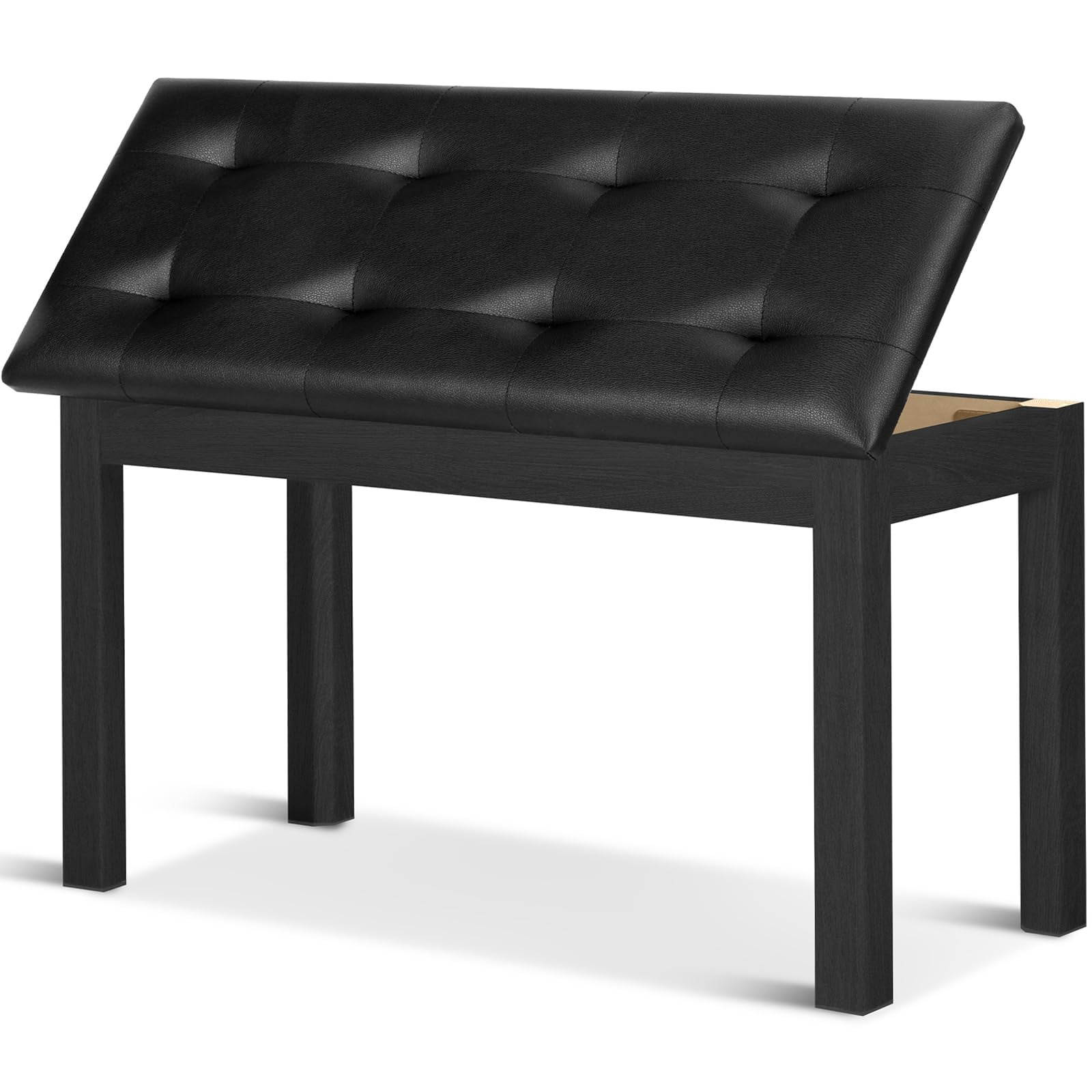 Duet Piano Bench With Storage - Wooden Solid Wood  Tufted Padded Keyboard Stool & Chair Seat Vanity Double (black)
