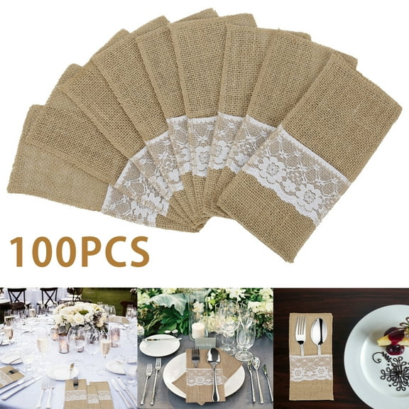 Duety 100/50/10PCS 4 x 8Inch Natural Burlap Lace Silverware Bag Utensil Holder Cutlery Pouch Hessian Knife Fork Tableware Bags for Wedding Party Restaurant Decoration