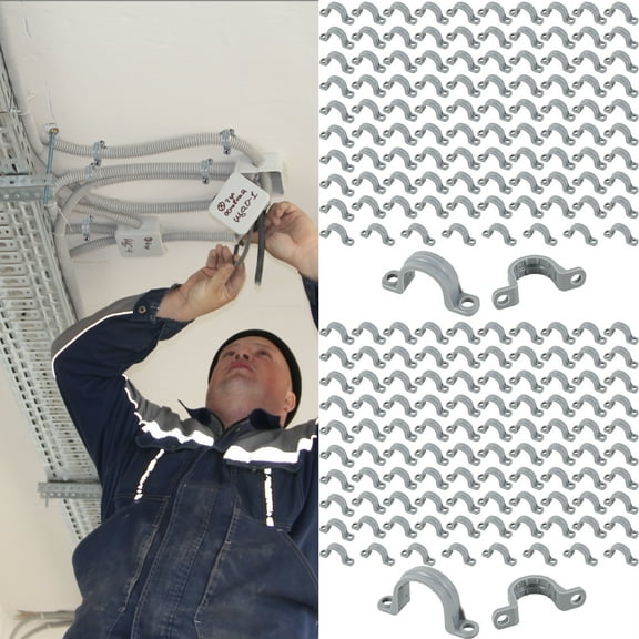 Duety 100Pcs PVC Pipe Straps 1/2inch / 3/4 Inch 2 Holes Plastic Pipe Clamps U Shaped Pipe Straps Sturdy Pipe Clamps Tools Gray Tube Strap Clamp for Fixing Pipes Hoses PVC Pipes Cables