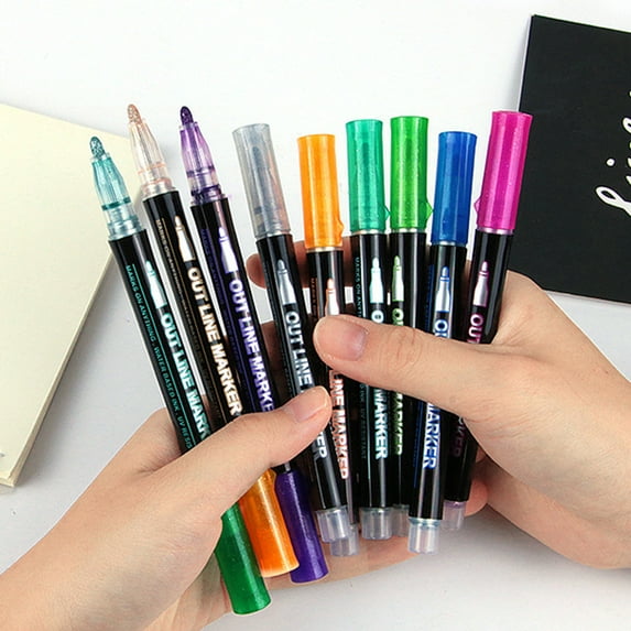 Duety 12 Colors Metallic Marker Double Line Outline Marker DIY Photo Album Marker with 2mm Tip Shimmer Marker Set for Metal Ceramic Glass Greeting Cards