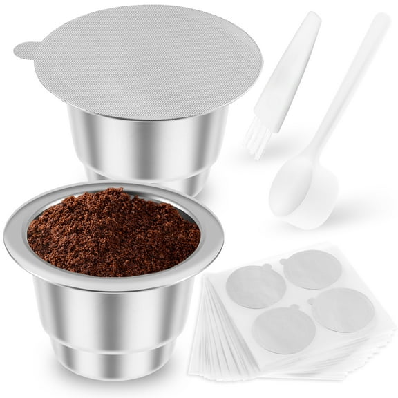 Duety 2/1Pcs Reusable Coffee Capsules Set with Aluminum Foil Lids Spoon and Brush 304 Stainless Steel Refillable Coffee Pods Compatible for Nespres Series Coffee Machines