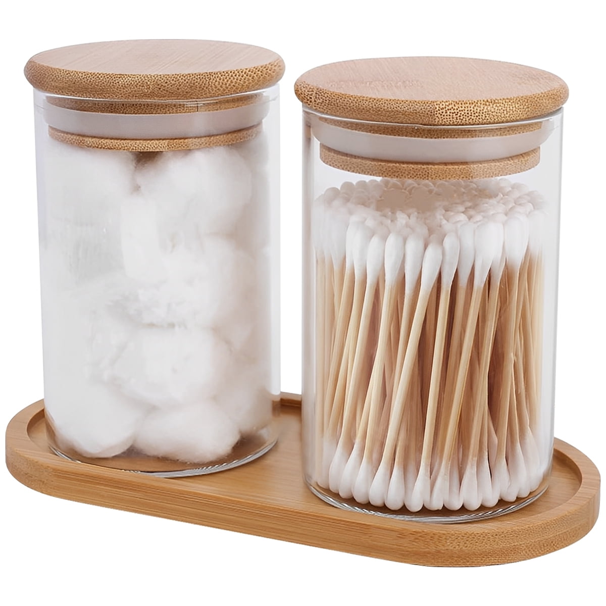 Duety 2Pcs Cotton Swab Holder with Bamboo Lid Tray 10 Oz Cotton Ball ...