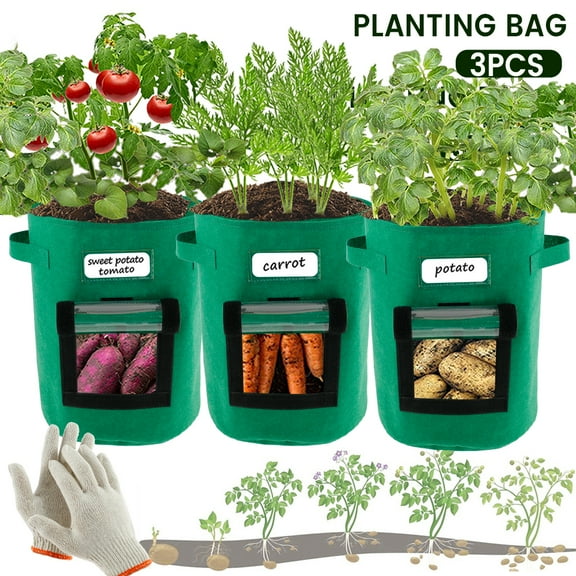 Duety 3 Pack Potato Grow Bags with Window Flap and Strap Handles, Vegetable Plant Growing Bagsfor Potato Tomato Carrot Vegetable Nursery Garden