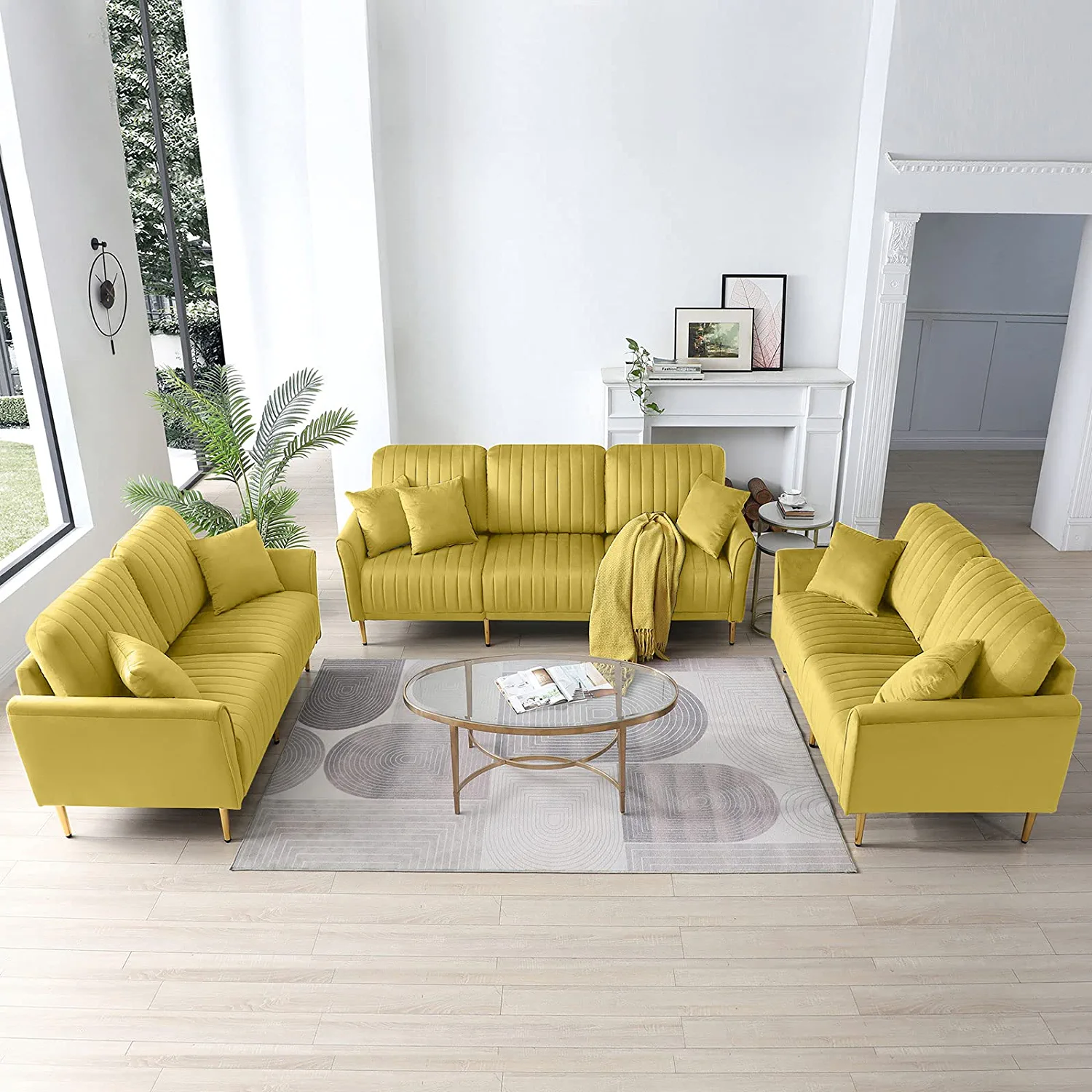 Duety Velvet Sofa and Loveseat Set, Goldenrod, Mid-Century Design ...