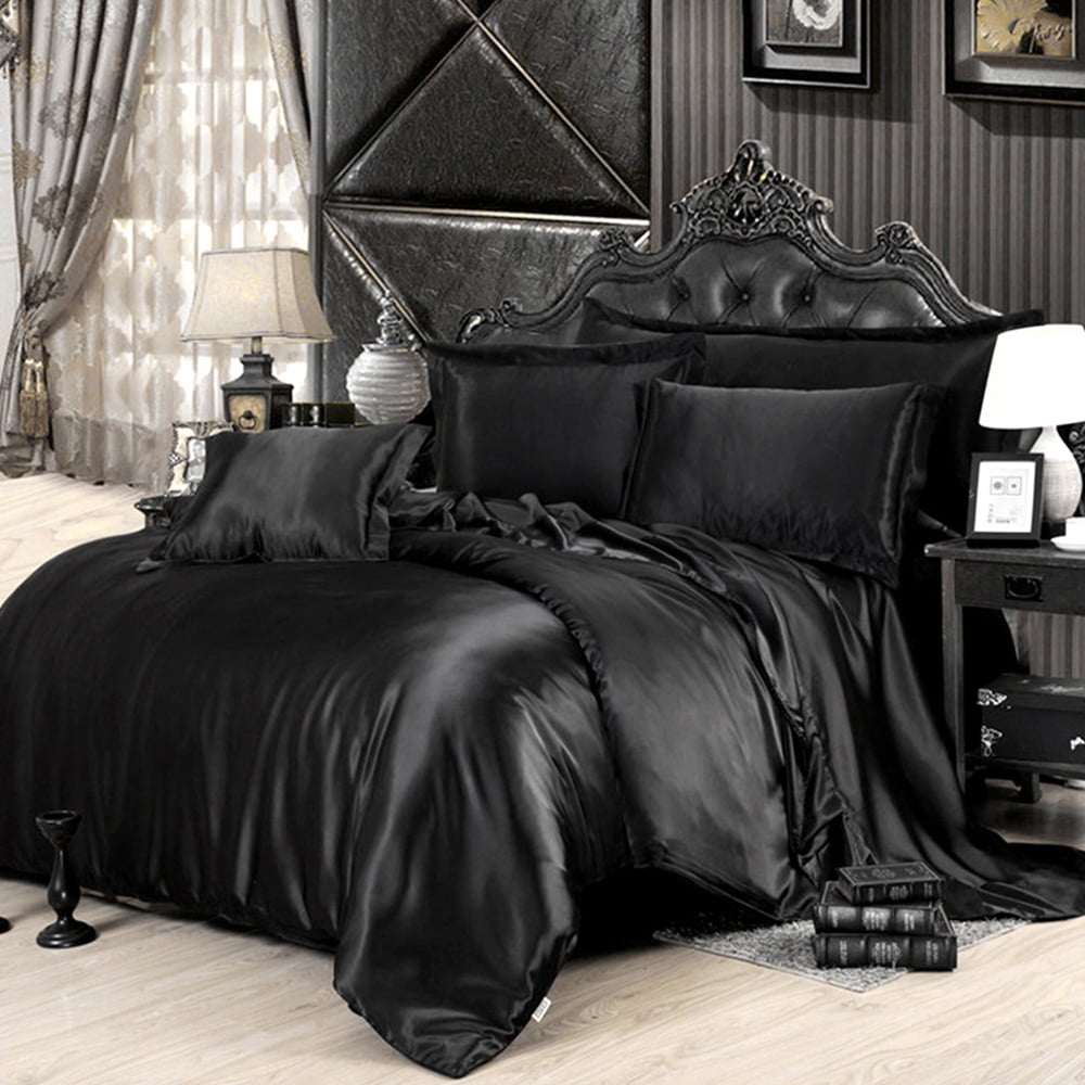 Duety 4PCS Luxury Satin Silk Duvet Cover Sheet Set Silky Queen King Bed ...