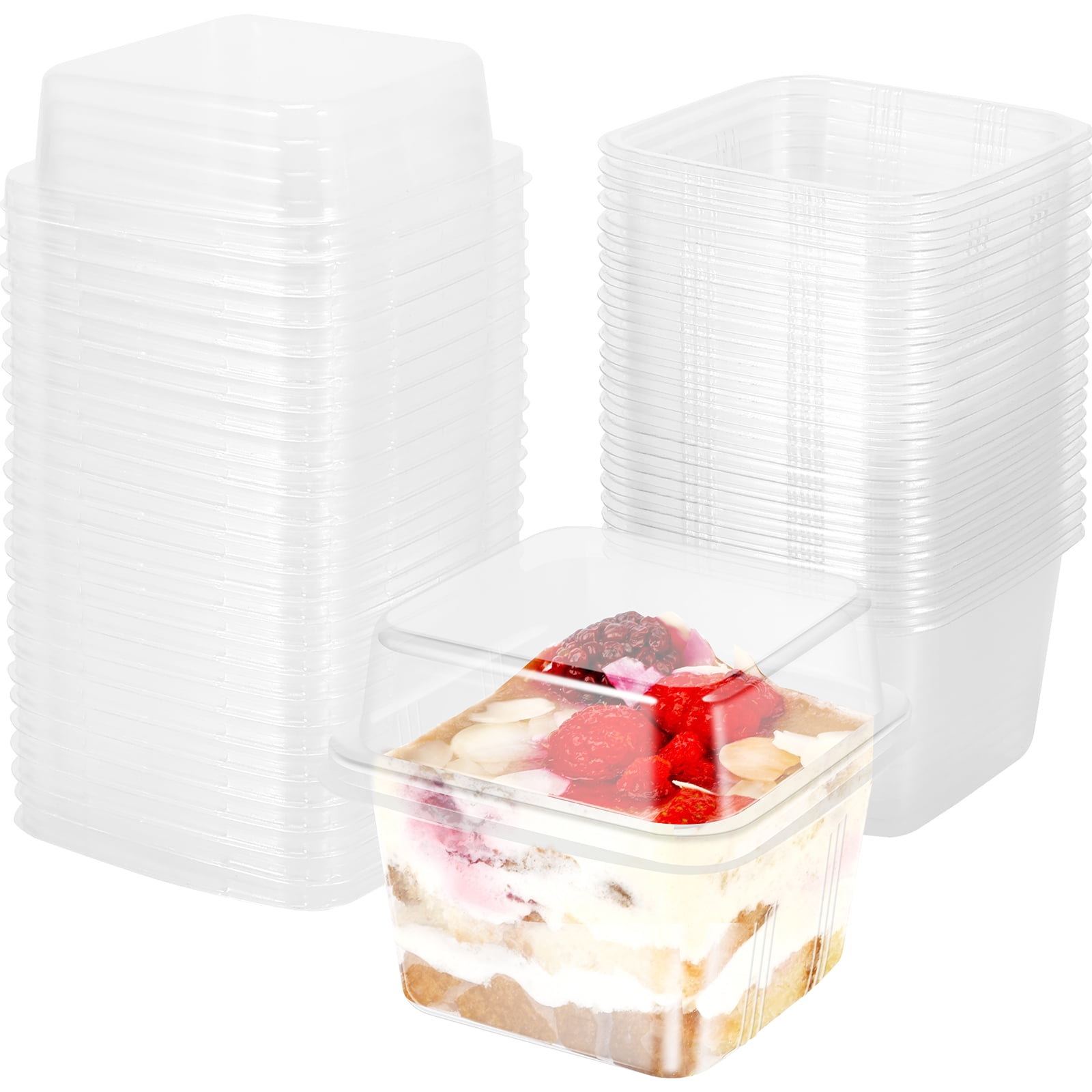 Duety 50Pcs Plastic Dessert Cups with Lids 8oz Reusable Cupcake Container  Clear Square Single Dessert Box Sealed Cake Storage Box for Dessert Muffins  Cupcake Pudding Mousse Party 