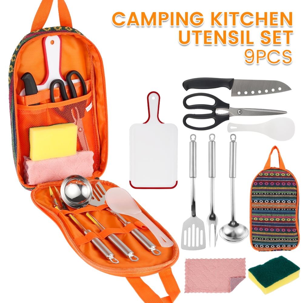 Jetcloudlive 9 Piece Camp Kitchen Cooking Utensil Set Travel Organizer Grill Accessories Portable Compact Gear for Backpacking BBQ Camping Hiking