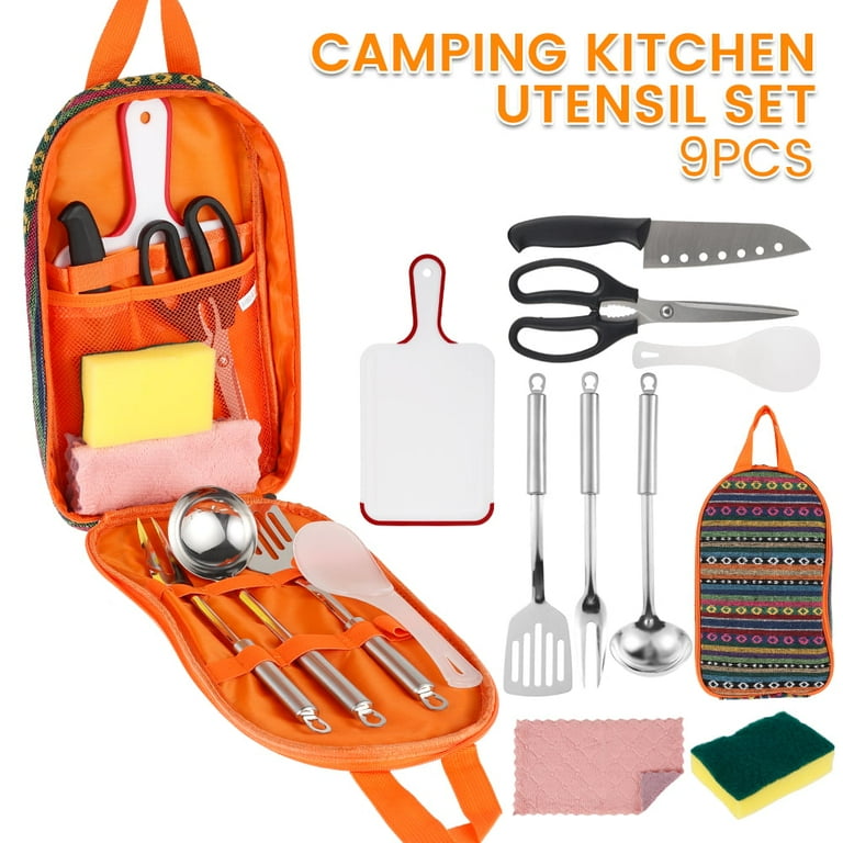 Jetcloudlive 9 Piece Camp Kitchen Cooking Utensil Set Travel Organizer Grill Accessories Portable Compact Gear for Backpacking BBQ Camping Hiking