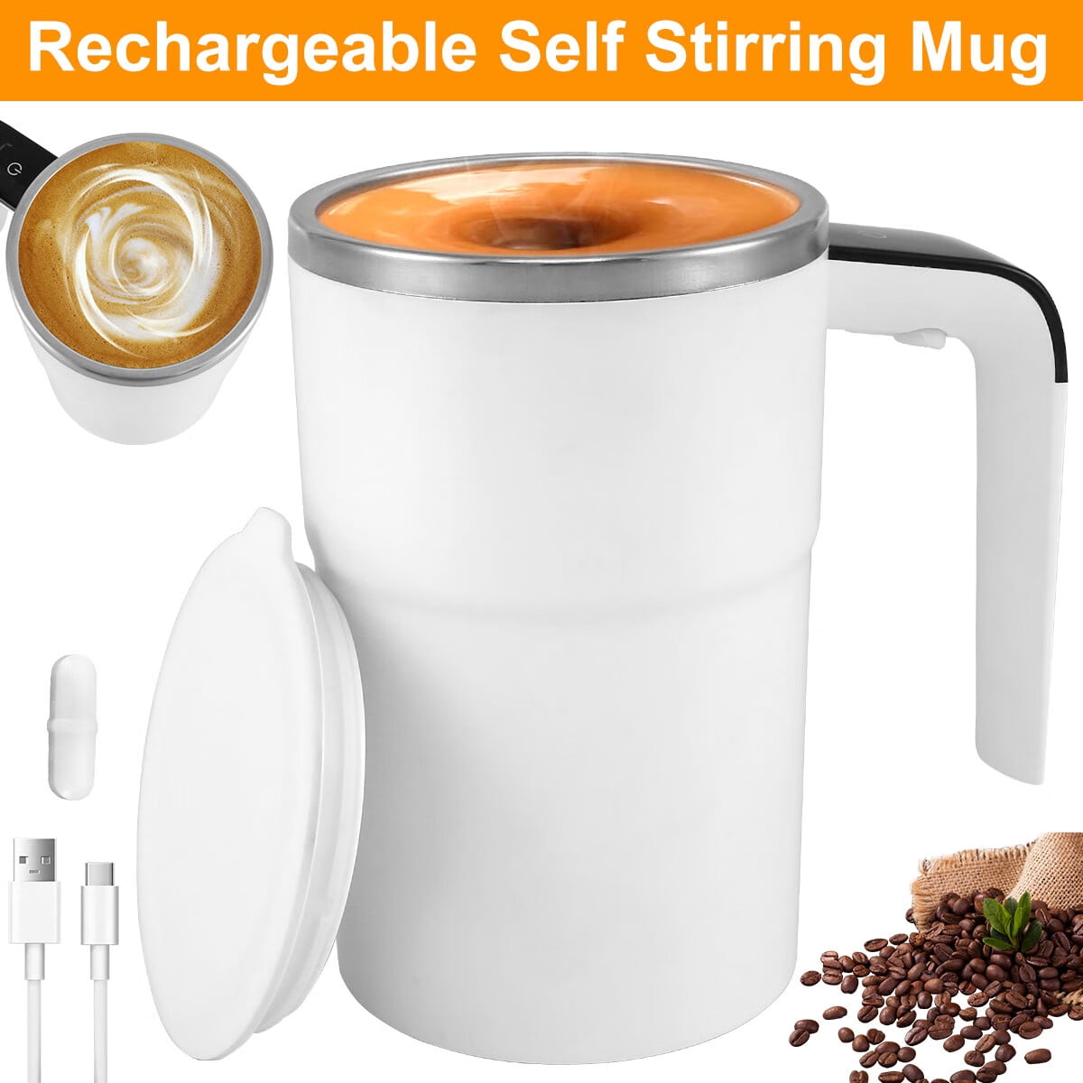 FOVNOT Self-Stirring Mug - 360ml Electric Ceramic Cup With Magnetic Stir Bar For Coffee & Protein Shakes