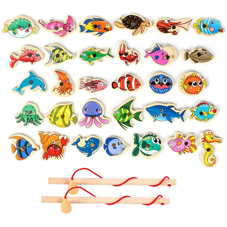 Duety Magnetic Fishing Game Toys Set with Fish Rod Wooden Magnetic Fishing Game Pool Toys Cartoon Marine Life Cognition Fish Rod Toys for Kids