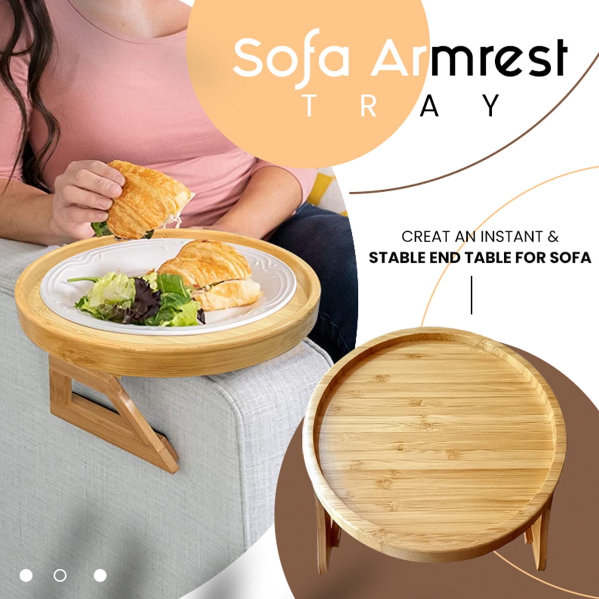 Duety Sofa Arm Clip Table, Natural Bamboo Sofa Armrest ClipOn Tray