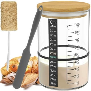 Sourdough Starter Jar Kit, 1500ml Glass Fermentation Tank with Wood Lid, Wood Spoon, Silicone Spatula & Thermometer, Reusable Sourdough Jar for Home