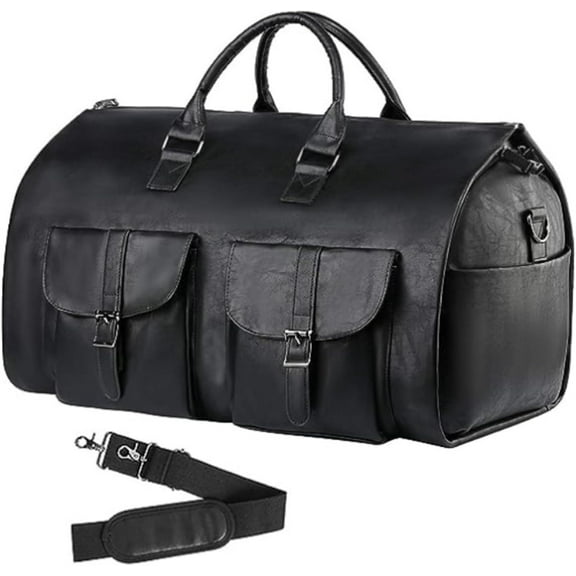 Duffel Bag for Travel: Convertible Duffle Garment Bag Weekender Travel Bag for Men Women, 23" Leather Overnight Carry on Bag with Shoe Compartment (Black)