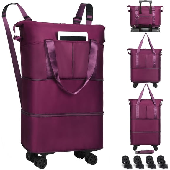 Duffel Bag with Wheels - Rolling Foldable Expandable Duffle Bag with Wheel for Travel, Rolling Luggage Bag Carry  Travel Bag with Wheels, Large Wheeled Overnight Weekender Bags (Deep Purple)