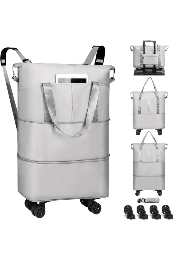 Duffel Bag with Wheels - Rolling Foldable Expandable Duffle Bags with Wheel for Travel, Rolling Luggage Carry Travel Bag, Large Wheeled Overnight Weekender Bag (Gray)