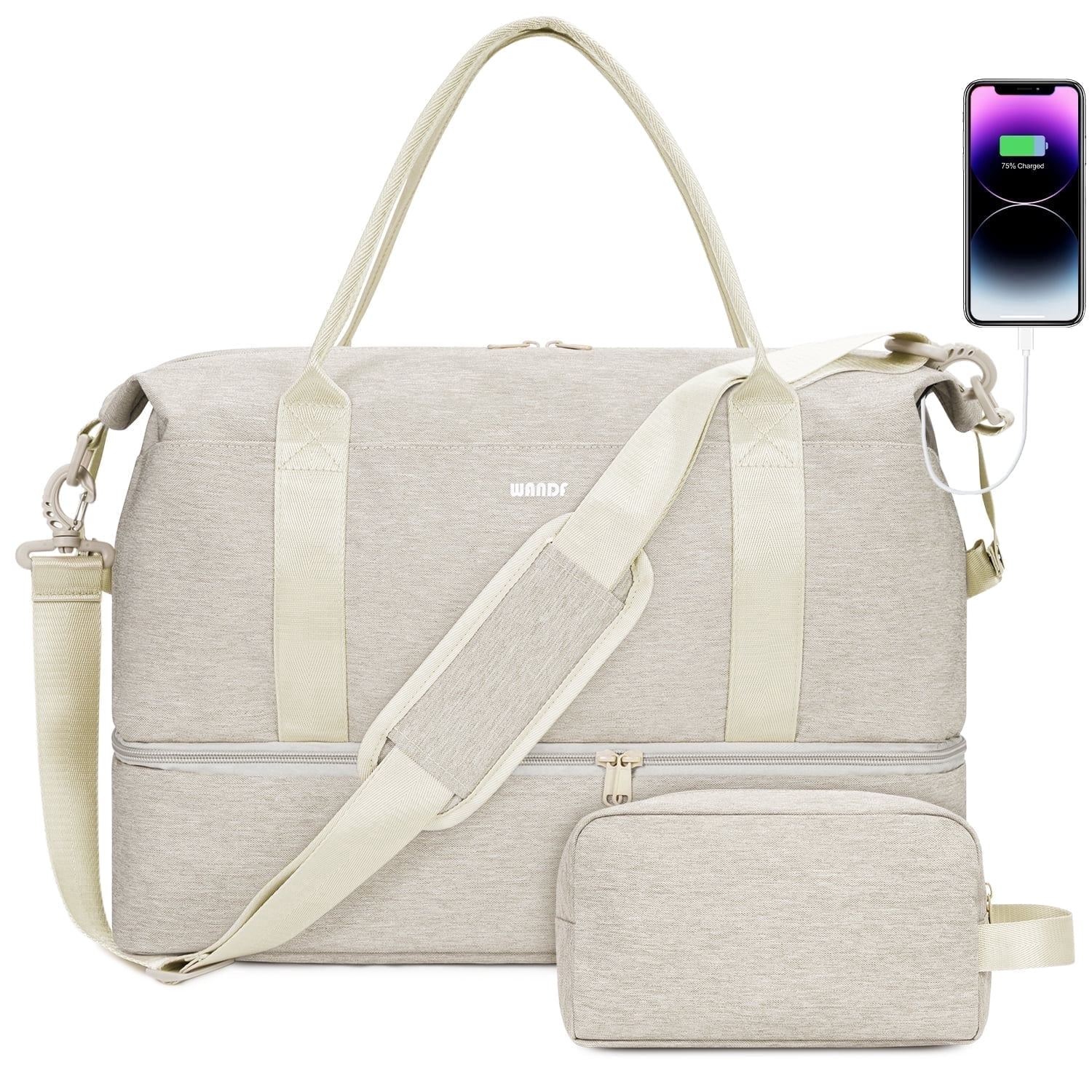 SportsNew Business Travel Bag with  Shoe Compartment  and Wet Pocket ,TSA Carry on Personal Item Bag  18x14x8 , Laptop Bag with USB Charging Port, Gym Tote Bag with Strip for Women(Beige Bag)