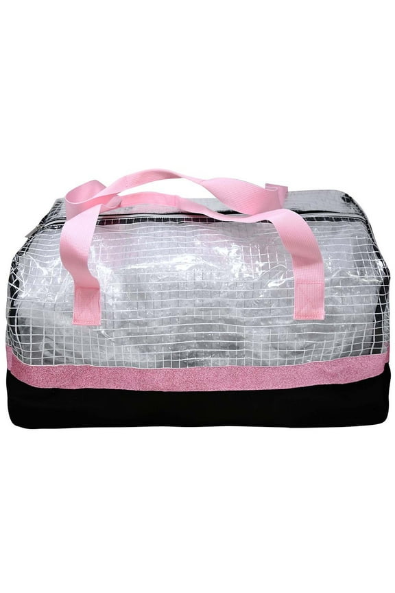 Duffle Bag 300D Poly w/hangtag- Top Pink, Bottom Blk, strip & handles pink glitter-Asst Pink & Blue