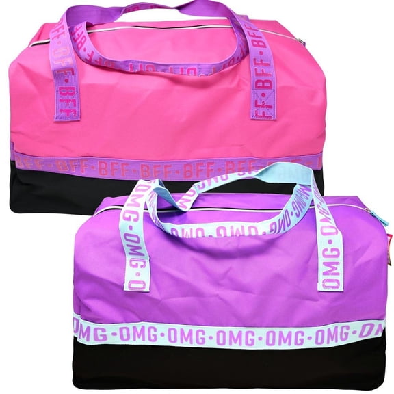Duffle Bag 300D Poly w/hangtag- Top Purple Bottom Blk, words are Purple with Blue Handles.
