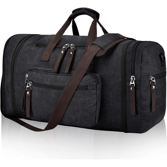 Duffle Bag for Men, Canvas Expandable Duffel Bag for Travel, Mens Carry On Luggage Bags Traveling Weekender Gym Overnight Duffel Bags for Airplanes, Black