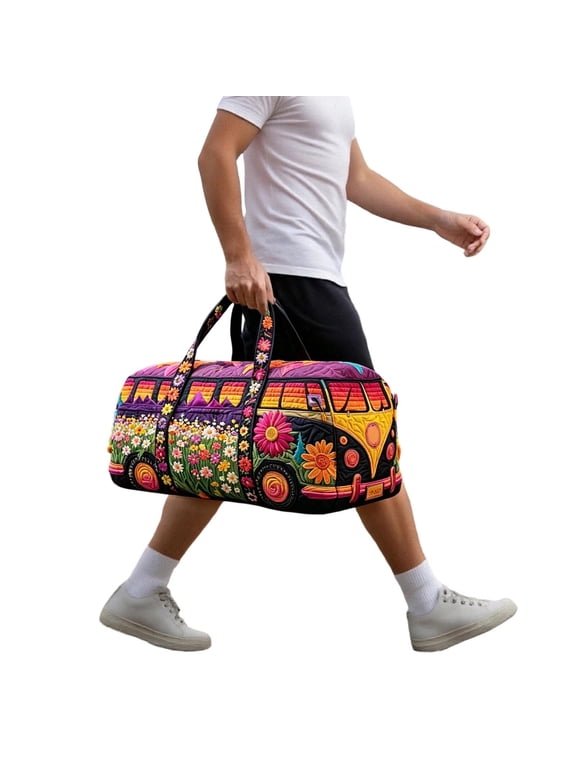 Duffle Bag for Men Women,Quilted Hippie Van Duffle Bag with Adjustable Padded Strap,Large Capaciy Bohemian Weekender Bag for Gym Yoga Dance and Overnight Stays