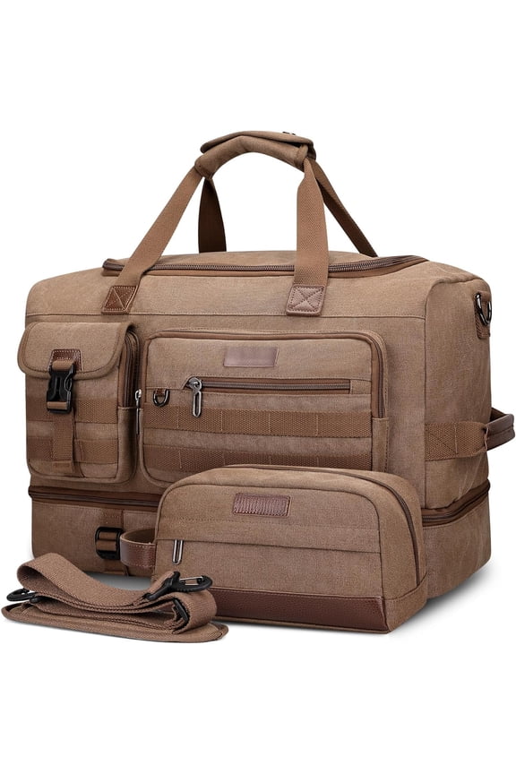 Duffle Bag for Men 50L Canvas Weekender Overnight Bag with Toiletry Bag Sets Travel Duffel Bag Shoes Compartment(A8010-2 Brown)