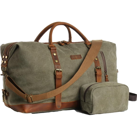Duffle Bag for Men Travel Leather Canvas Weekender Bag Overnight Bag with Toiletry Bag