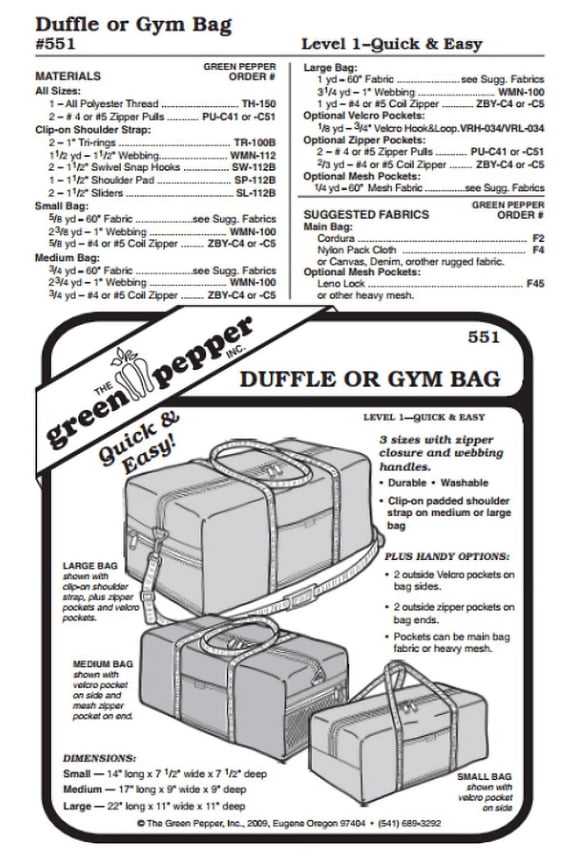 Duffle or Gym Bag Pack Carry-All Luggage Bag #551 Sewing Pattern (Pattern Only)