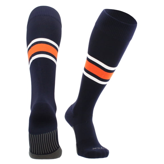 Dugout Striped Baseball Socks Pattern E (Navy/Orange/White, Large)