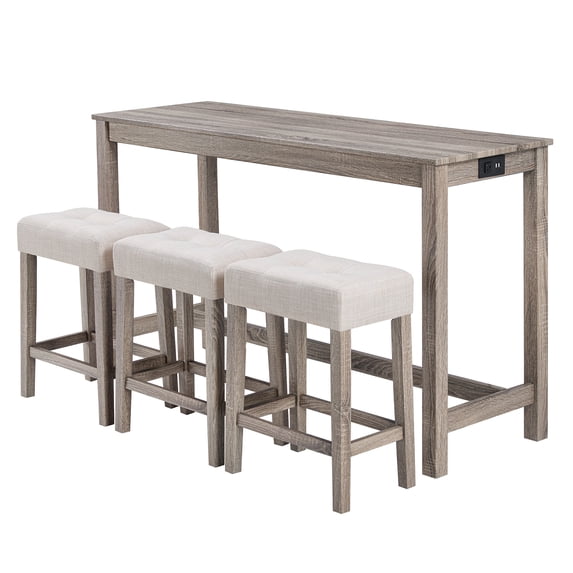 Duhome 4 Piece Wood Bar Table Set with Power Outlet Industrial Breakfast Table with 3 Padded Stools,Cream and Brown