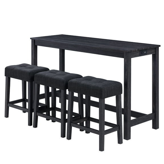 Duhome 4 Piece Wood Bar Table Set with Power Outlet Industrial Breakfast Table with 3 Padded Stools,Dark Grey