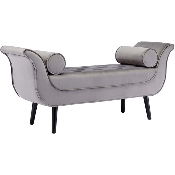 Duhome Bedroom Bench with Rolled Arms Tufted Upholstered Bench for End of Bed Cushioned Bench with Throw Pillows Living Room Furniture, Gray