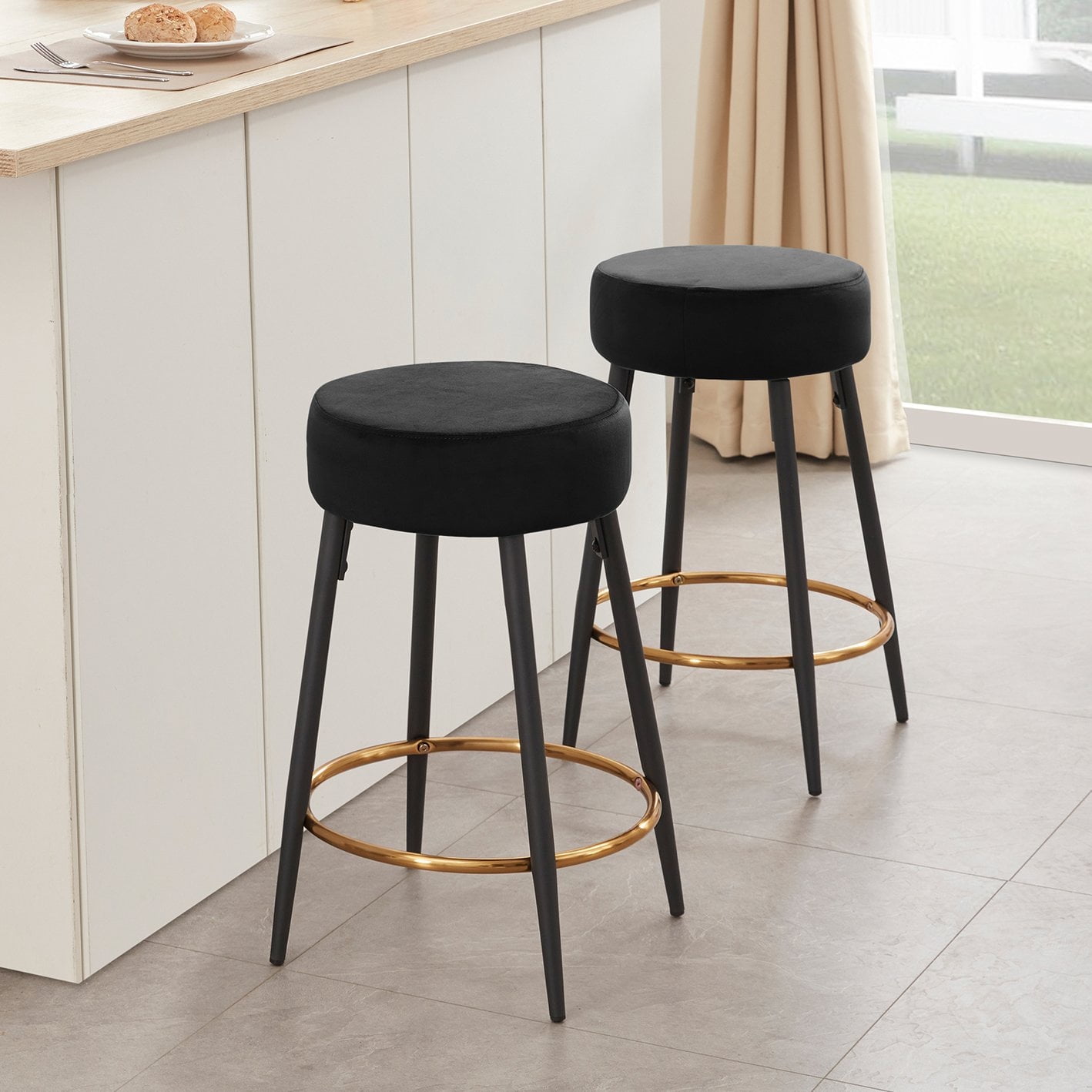 Duhome Counter Height Bar Stools Set of 2 Barstools Counter Stools Round Kitchen Stools Backless Velvet Stool, Black and Gold