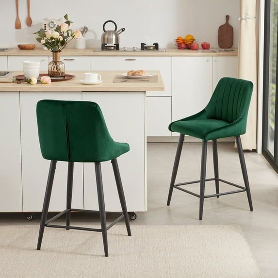 Duhome Counter Stools Set of 2 Velvet Upholstered Barstools with Back Bar Chairs for Kitchen with Black Metal Legs Dark Green