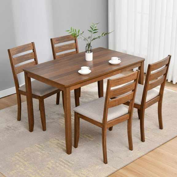 Duhome Dining Set 5-Piece Dining Room Set, 1 Solid Wood Dining Table with 4 Linen Fabric Dining Chairs for Dining Room Kitchen, Caramel
