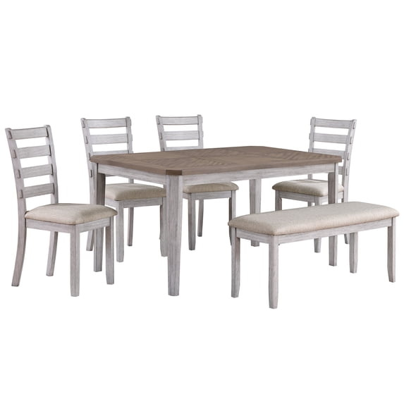 Duhome Dining Set 6-Piece Dining Room Set, 1 Wood Dining Table with 4 Upholstered Dining Chairs and 1 Bench for Dining Room Kitchen,Brown/Grey