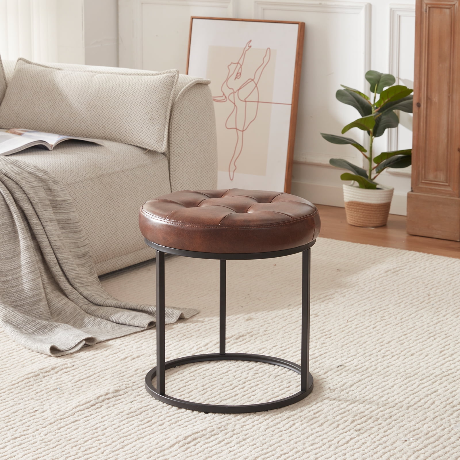 Duhome Elegant Lifestyle Modern Faux Leather Round Ottoman Stool Vanity Stool Button Tufted Metal Base,Dark Brown