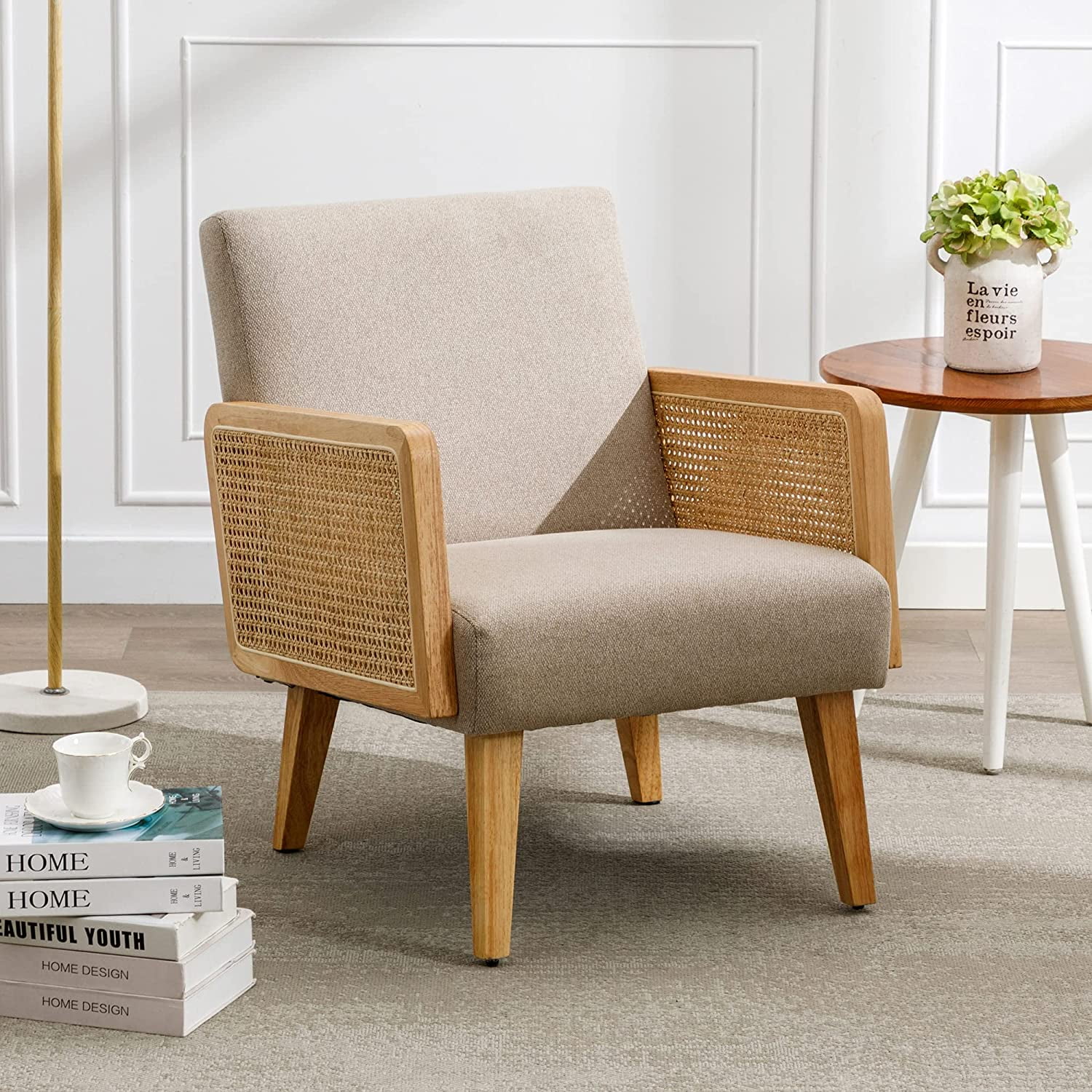 Duhome Fabric Accent Chair Mid-century Reading Chair Rattan Armchair for  Living Room Small Chair for Bedroom Wood Frame, Linen Beige